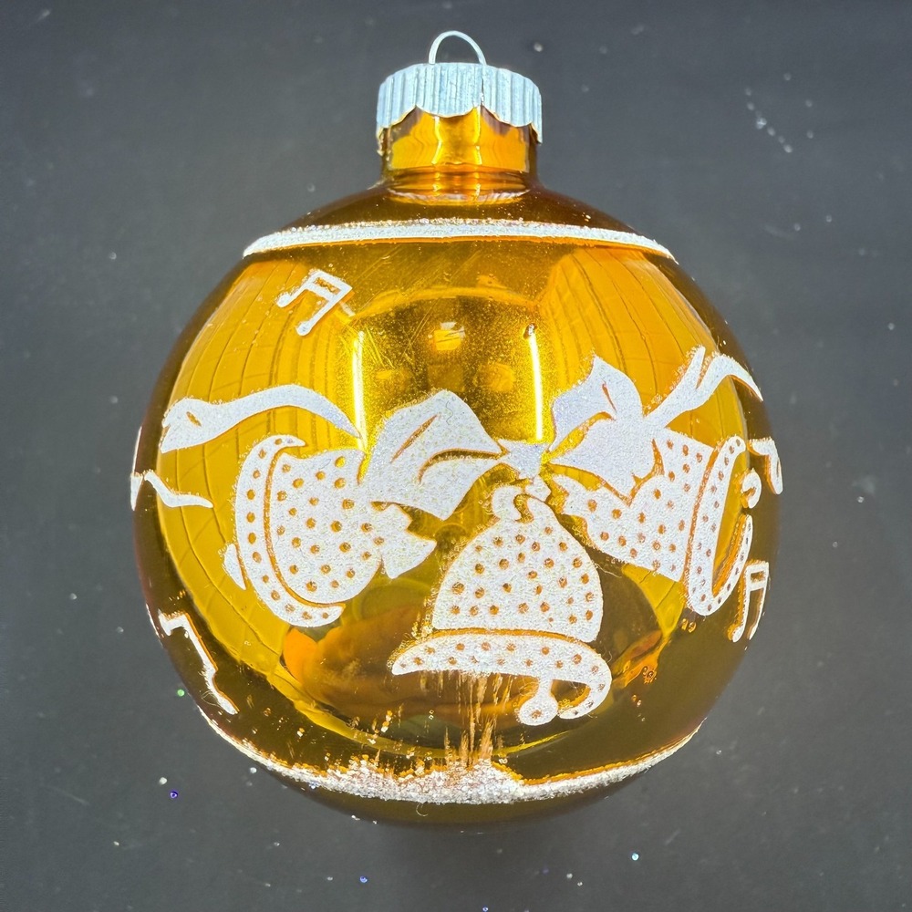 2003 SHINY BRITE 3" ORNAMENT FLOCKED YELLOW BELLS‎ AND BOWS GOLD